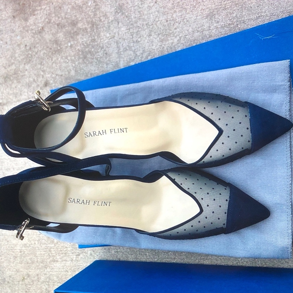 Sarah Flint Black Pointed-Toe Ankle-Strap Heels with Polka-Dot Mesh - Picture 8 of 12